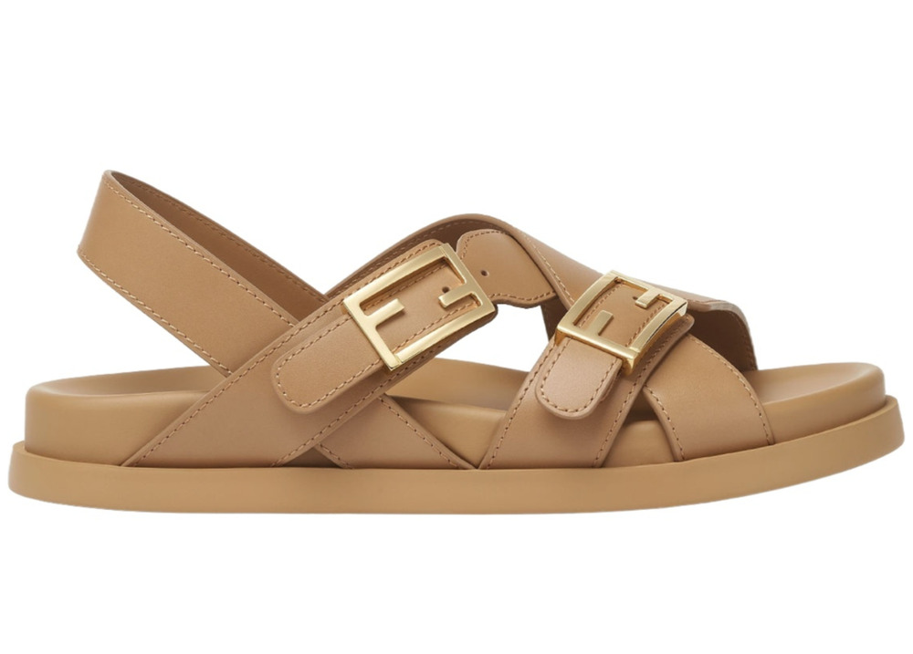 Fendi Feel Cross Over Beige Camel Leather Gold Logo Mule Flat Slide Sandal 38.5